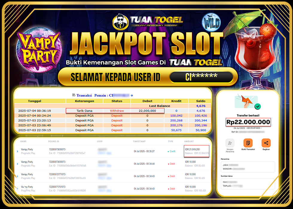 TUANTOGEL JACKPOT SLOT VAMPY PARTY Rp22.000.000 - LUNAS